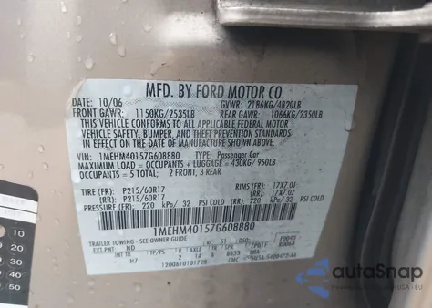 2007 Mercury Montego Luxury z USA, uszkodzony, nr VIN 1MEHM40157G608880